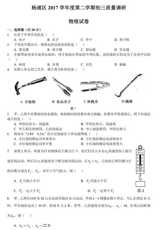 搶先看！2018楊浦區(qū)二模物理卷解析（含答案）