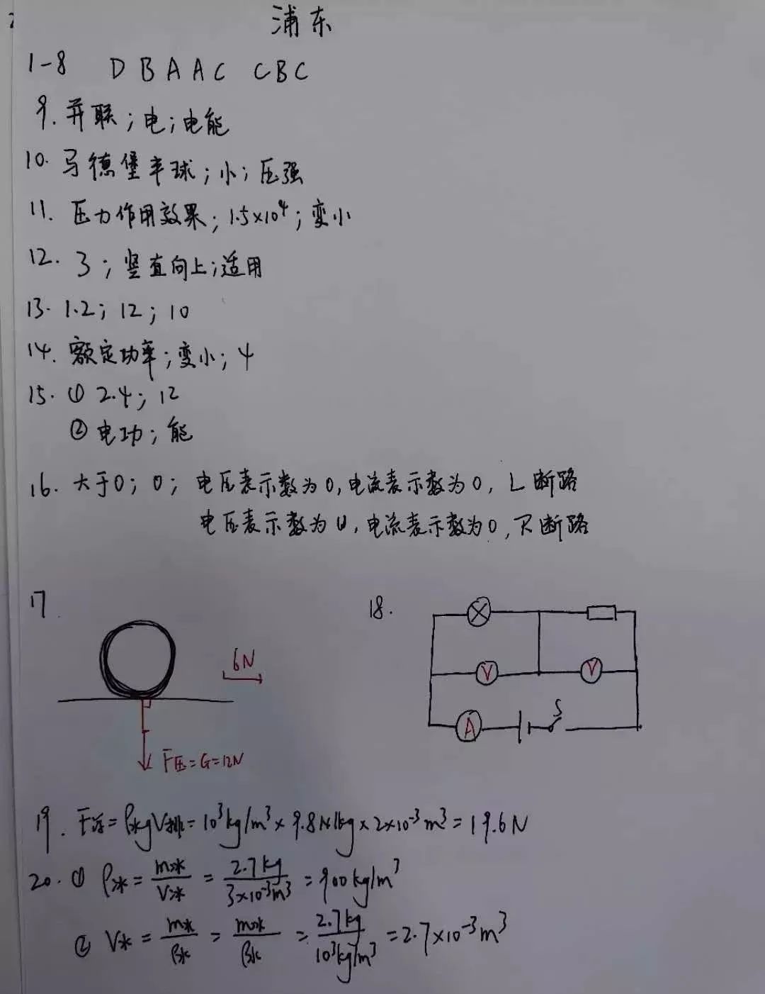 2019屆初三浦東一模物理卷解析